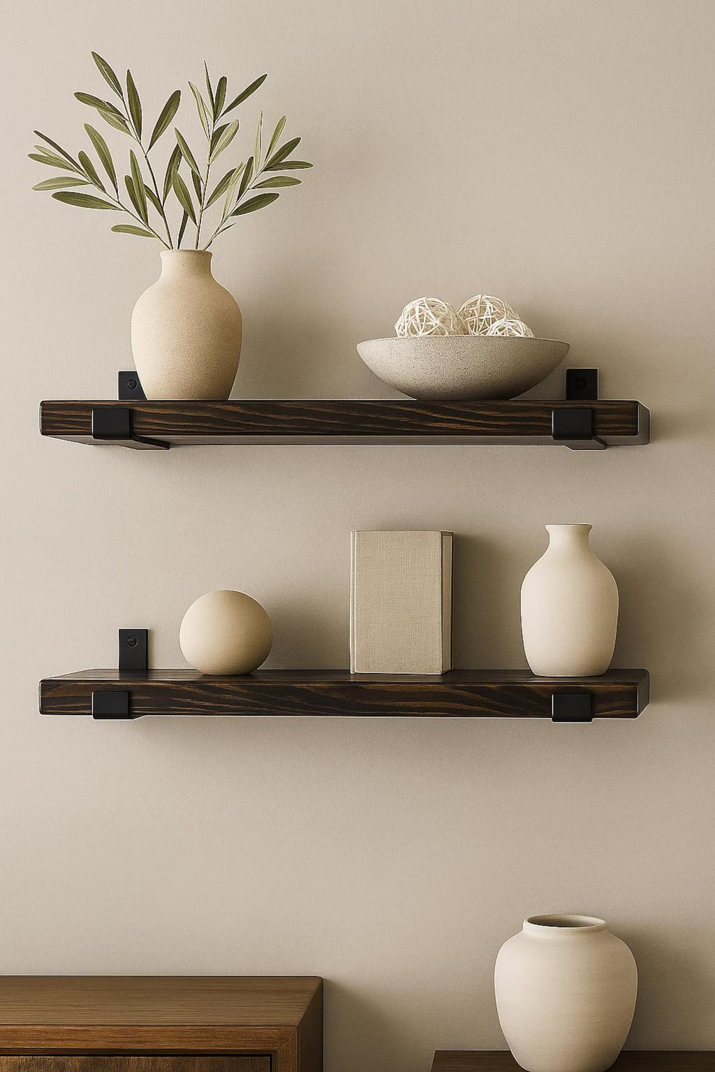 Set of 2 Rustic Floating Shelves with Industrial Brackets