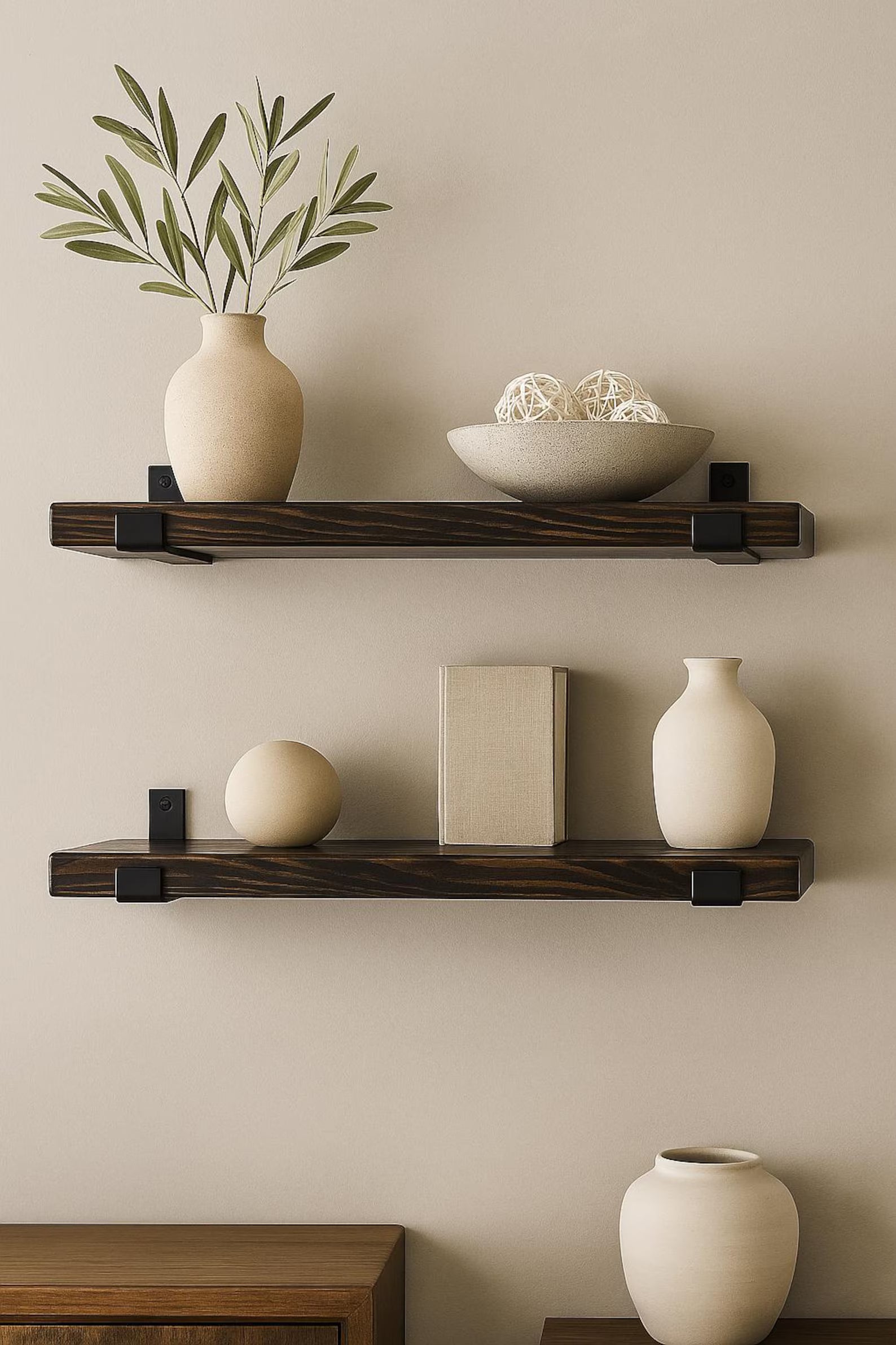 Set of 2 Rustic Floating Shelves with Industrial Brackets