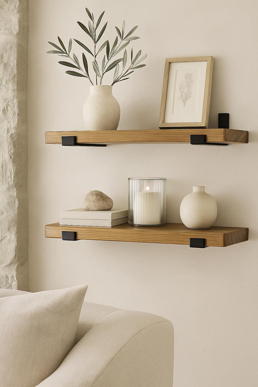 Set of 2 Rustic Floating Shelves with Industrial Brackets