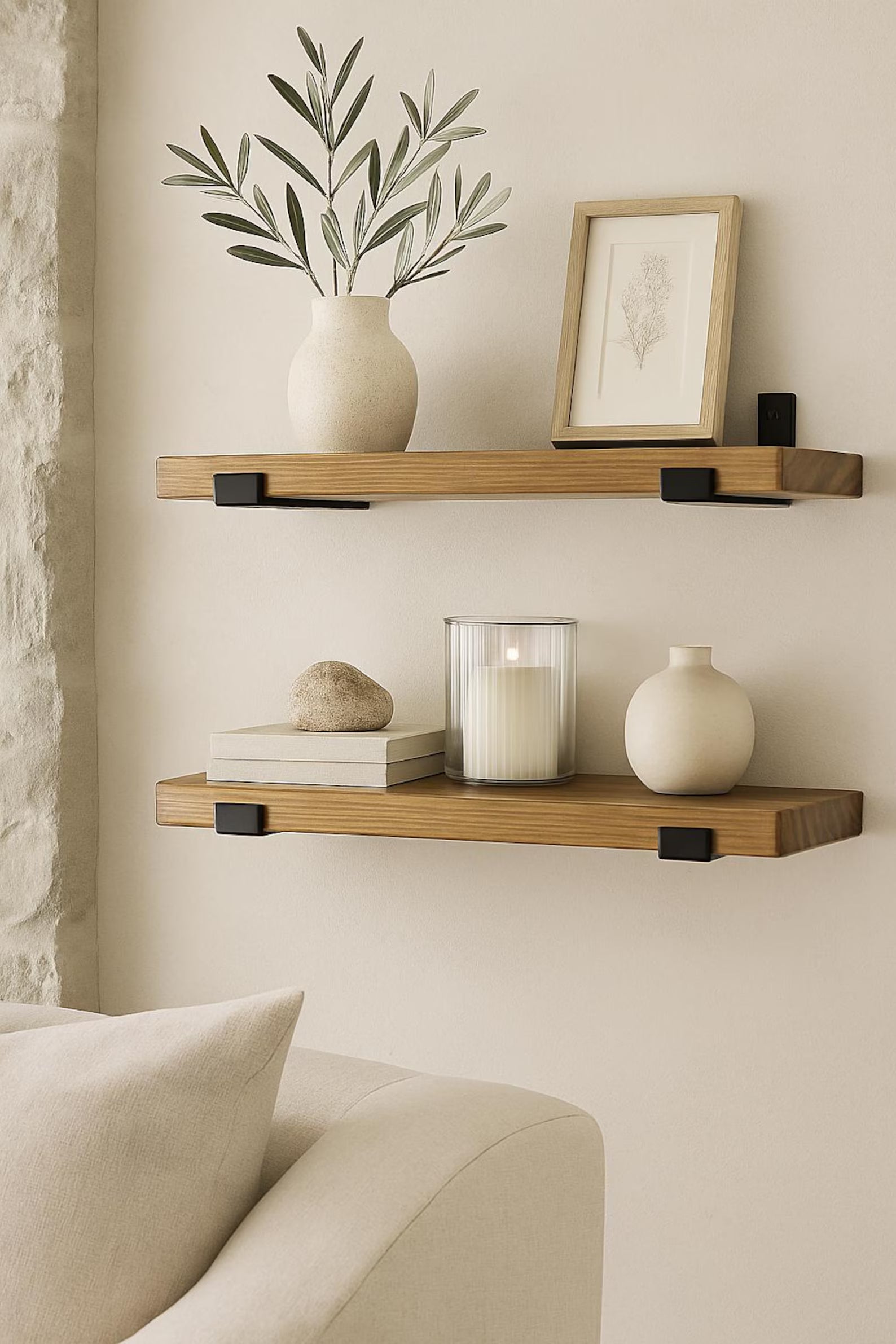 Set of 2 Rustic Floating Shelves with Industrial Brackets