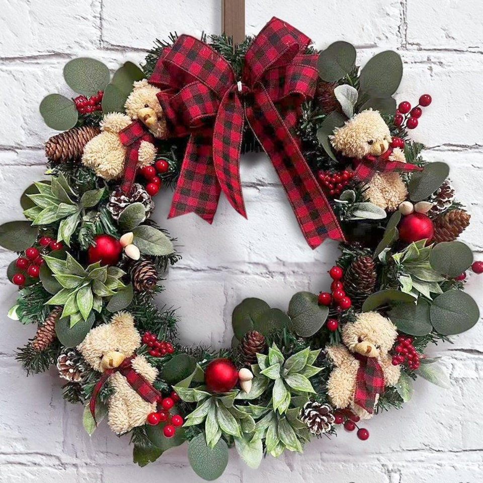 Handcrafted Christmas Wreath with Bears and Plaid Bow Holiday Decor