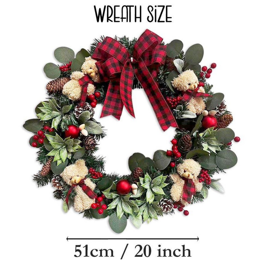 Handcrafted Christmas Wreath with Bears and Plaid Bow Holiday Decor