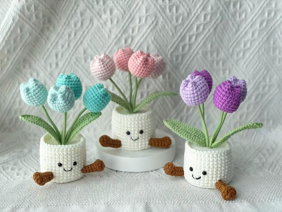 Handmade Crochet Tulip Flower Pot Gift for Her