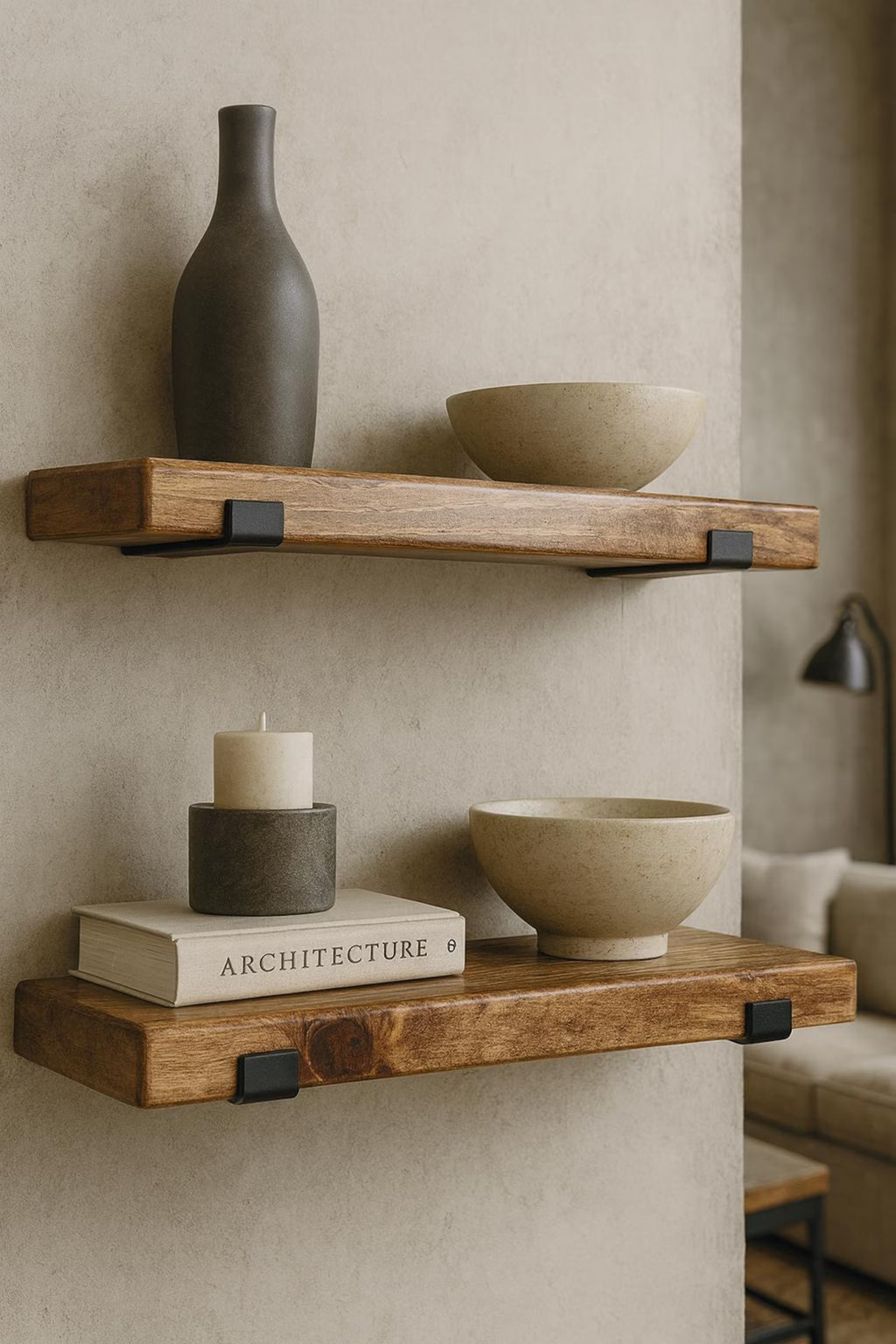 Set of 2 Rustic Floating Shelves with Industrial Brackets