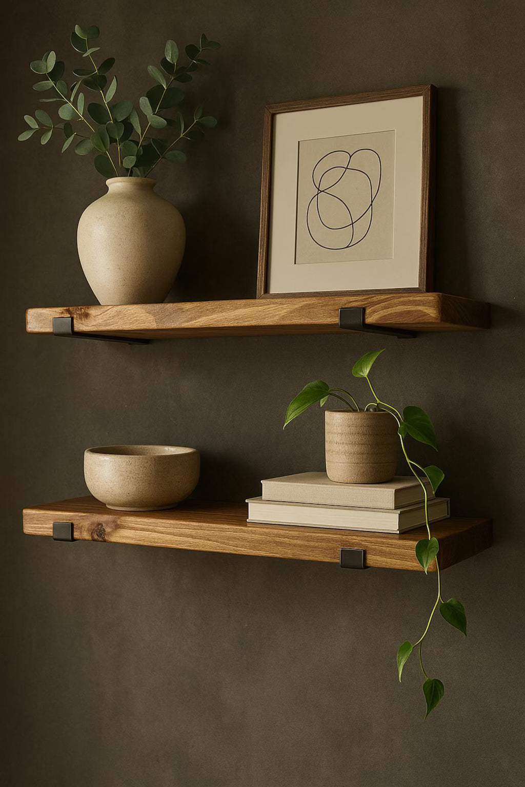 Set of 2 Rustic Floating Shelves with Industrial Brackets