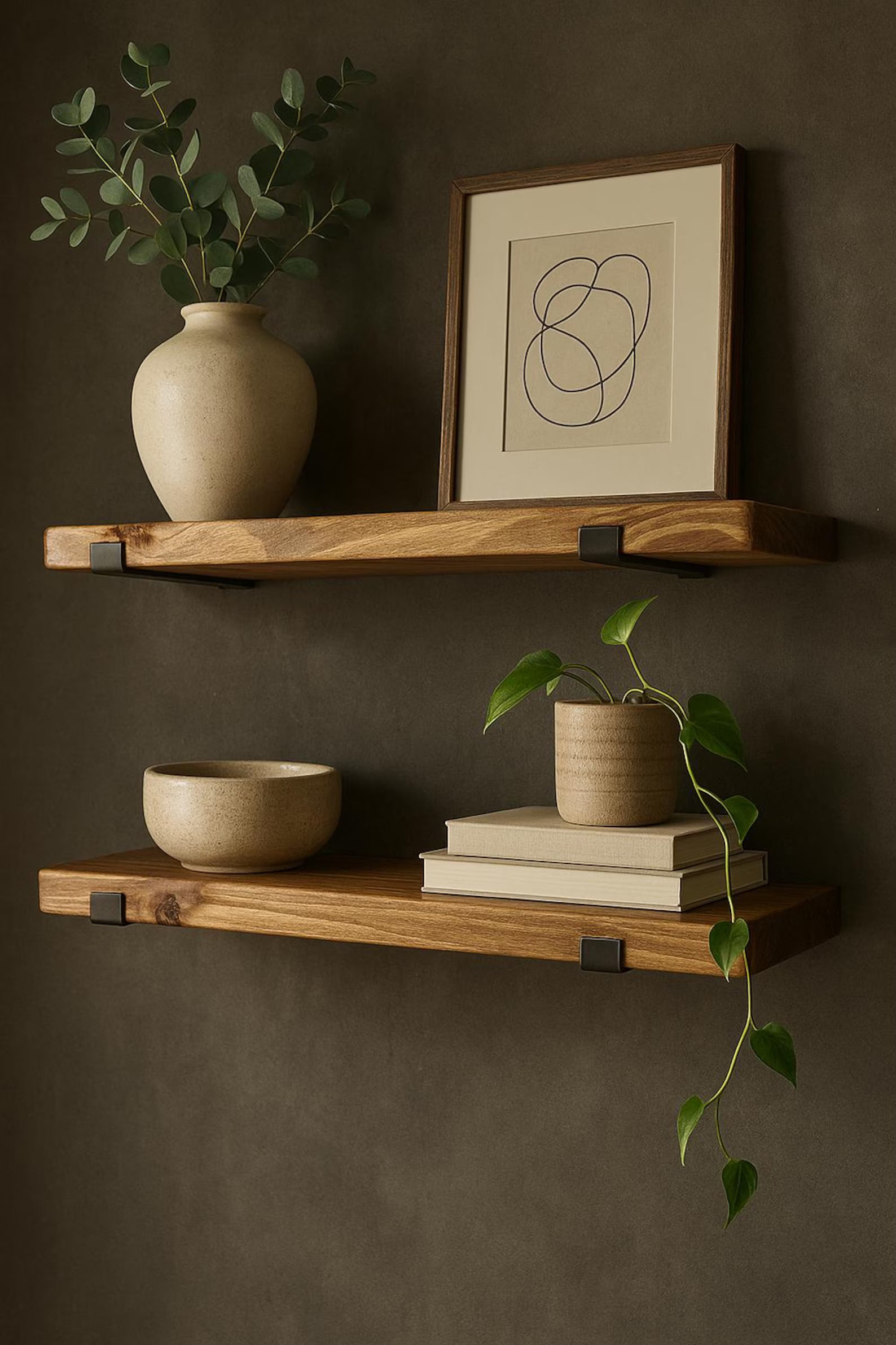Set of 2 Rustic Floating Shelves with Industrial Brackets