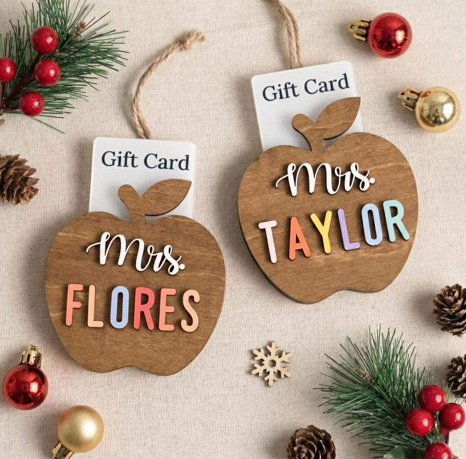 Personalized Teacher Ornament Gift Card Holder Christmas Apple Decor