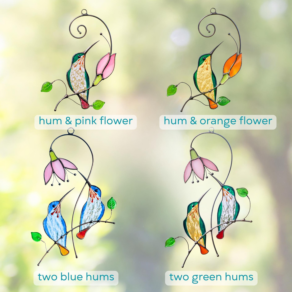 Hummingbird Stained Glass Suncatcher Flower Window Decor
