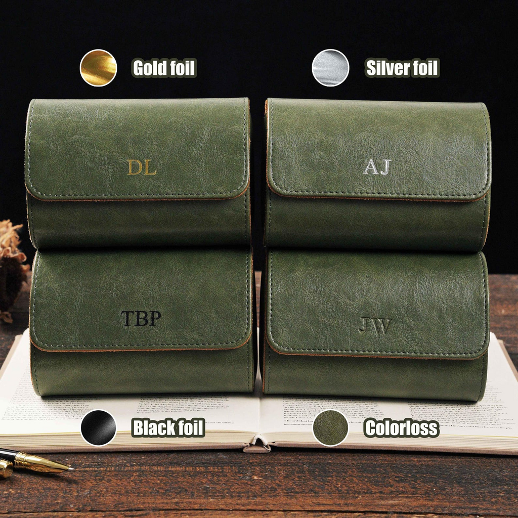 Personalized Green Leather Watch Box & Travel Roll