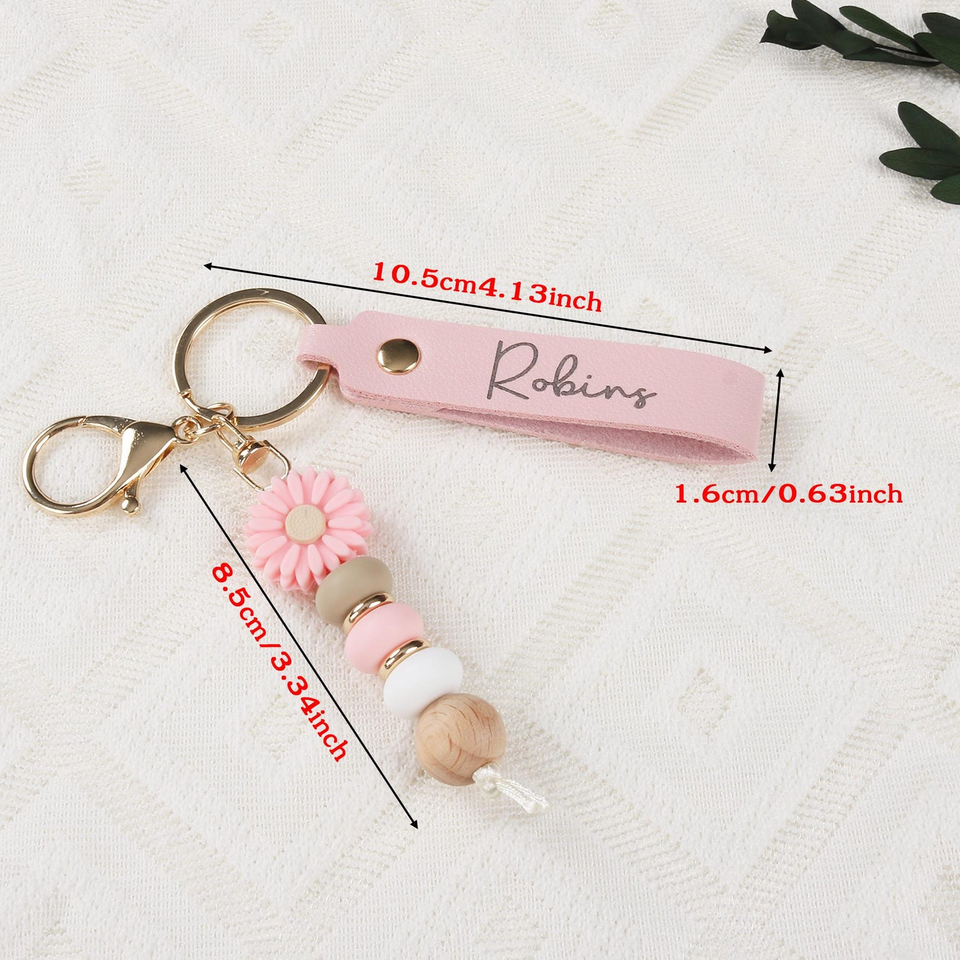 Personalised Daisy Beaded Faux Leather Keyring Gift
