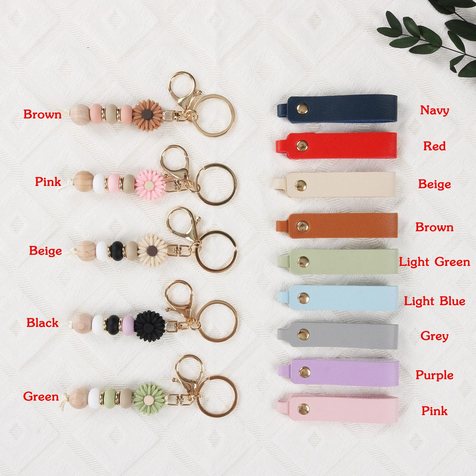 Personalised Daisy Beaded Faux Leather Keyring Gift