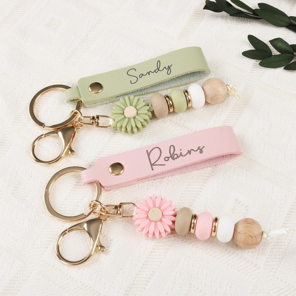 Personalised Daisy Beaded Faux Leather Keyring Gift
