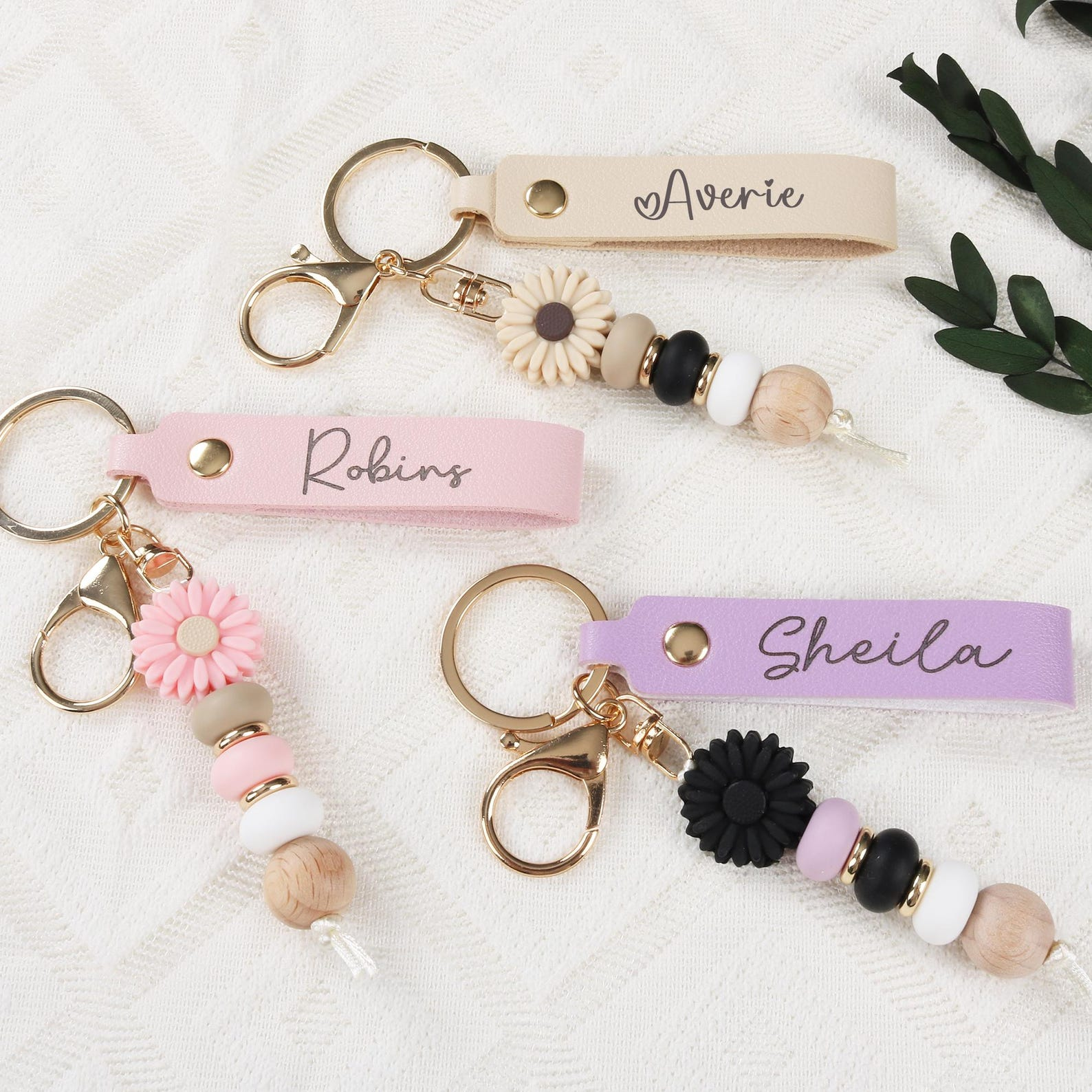 Personalised Daisy Beaded Faux Leather Keyring Gift