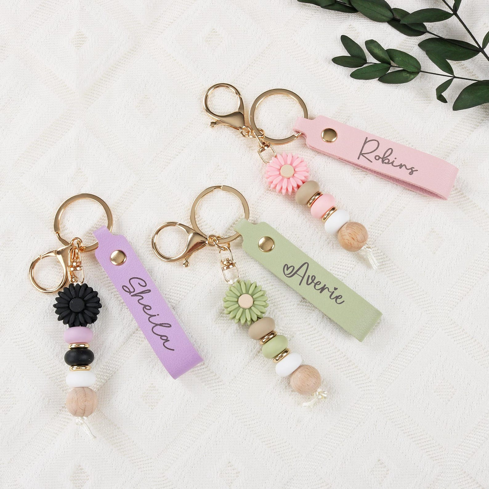 Personalised Daisy Beaded Faux Leather Keyring Gift