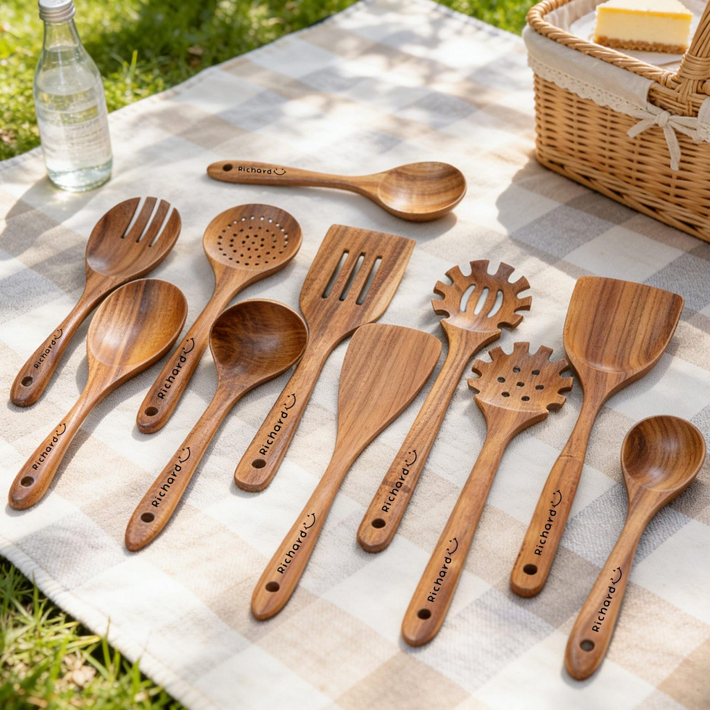 Engraved Wooden Kitchen Utensil Set Personalized Cooking Tools