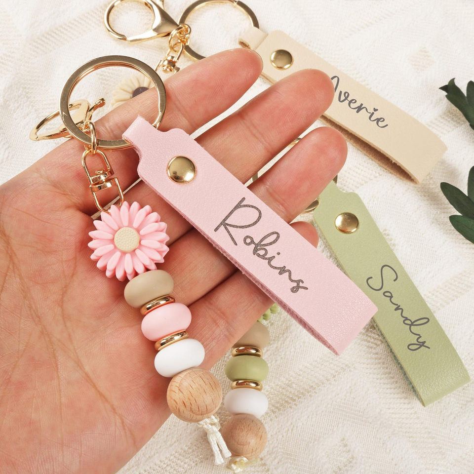 Personalised Daisy Beaded Faux Leather Keyring Gift