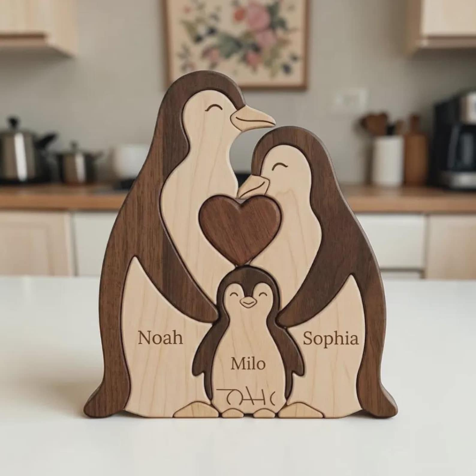 Personalized Wooden Penguin Family Puzzle Custom Name Keepsake