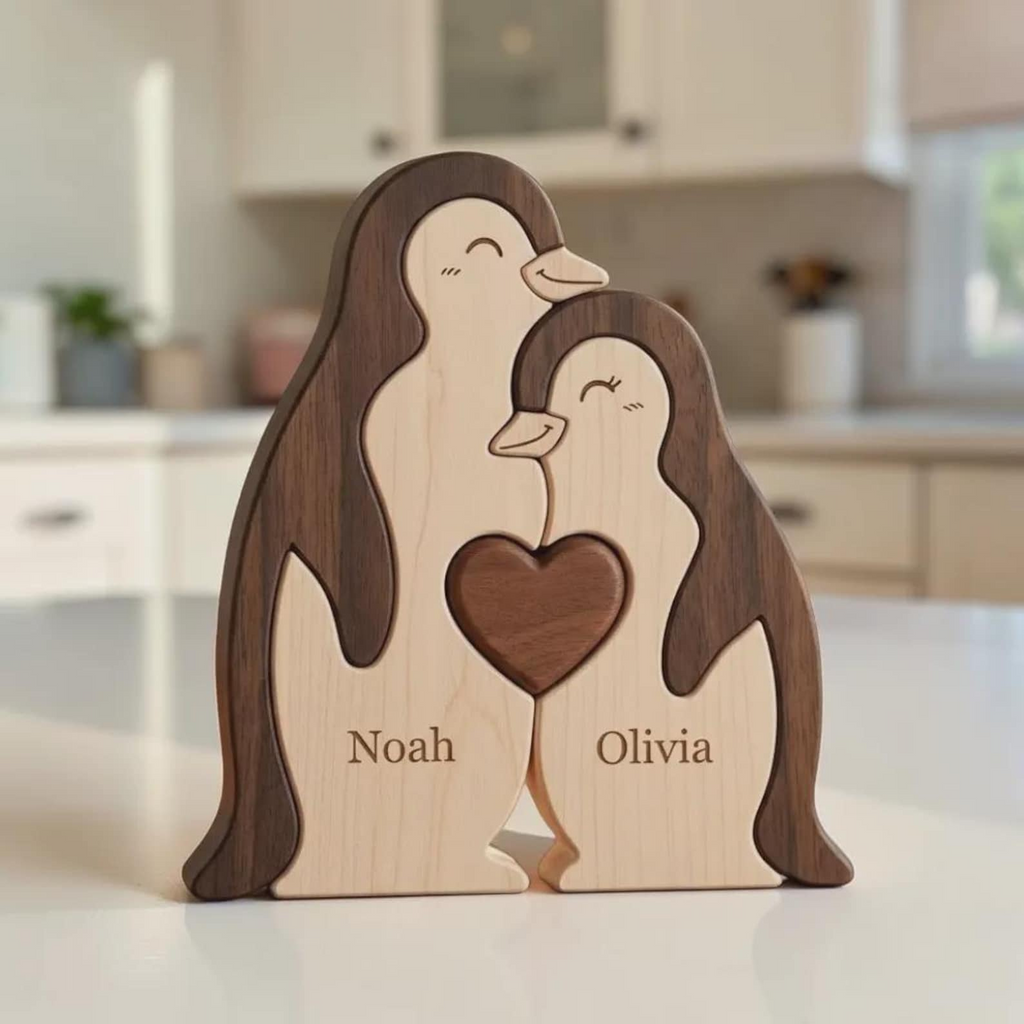 Personalized Wooden Penguin Family Puzzle Custom Name Keepsake