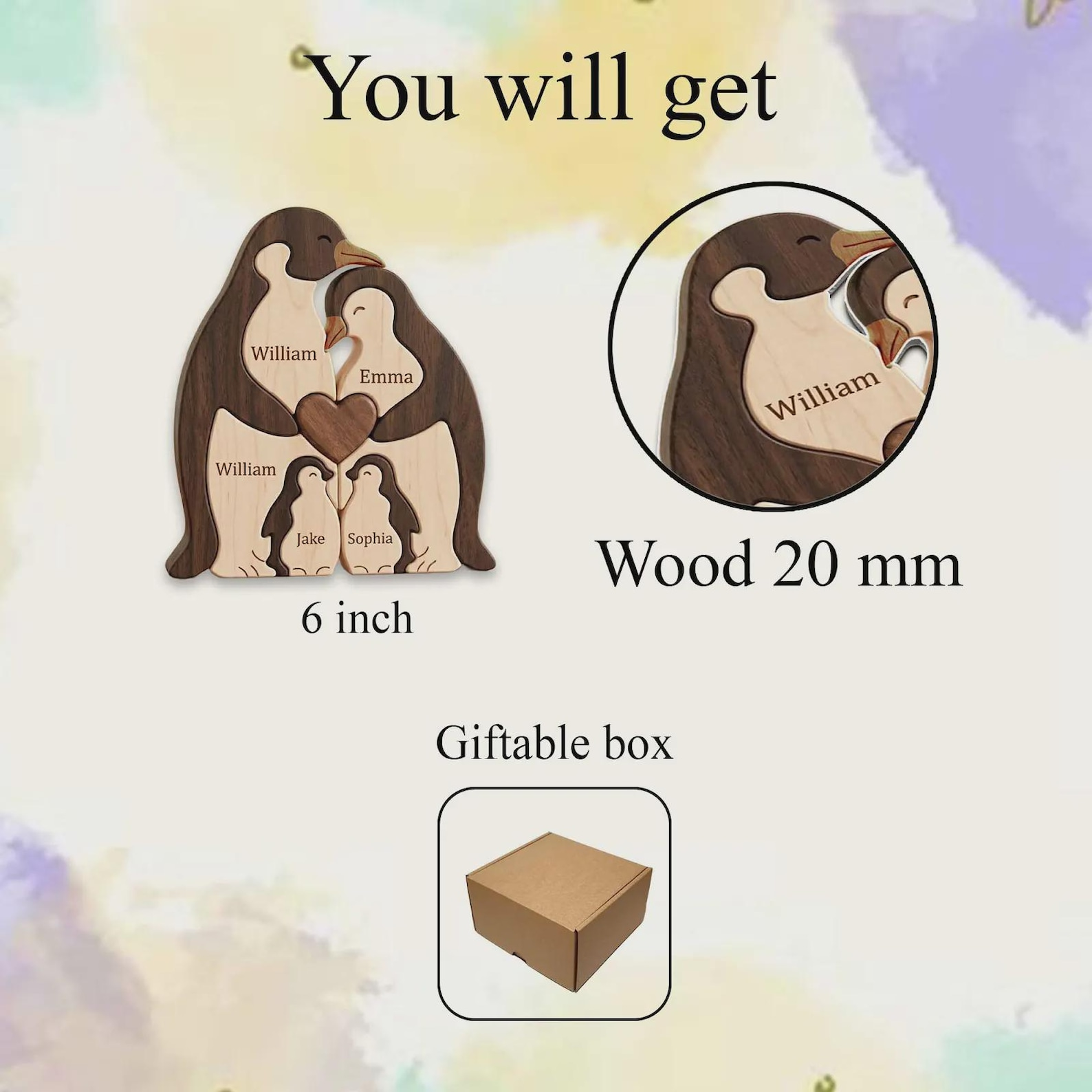 Personalized Wooden Penguin Family Puzzle Custom Name Keepsake