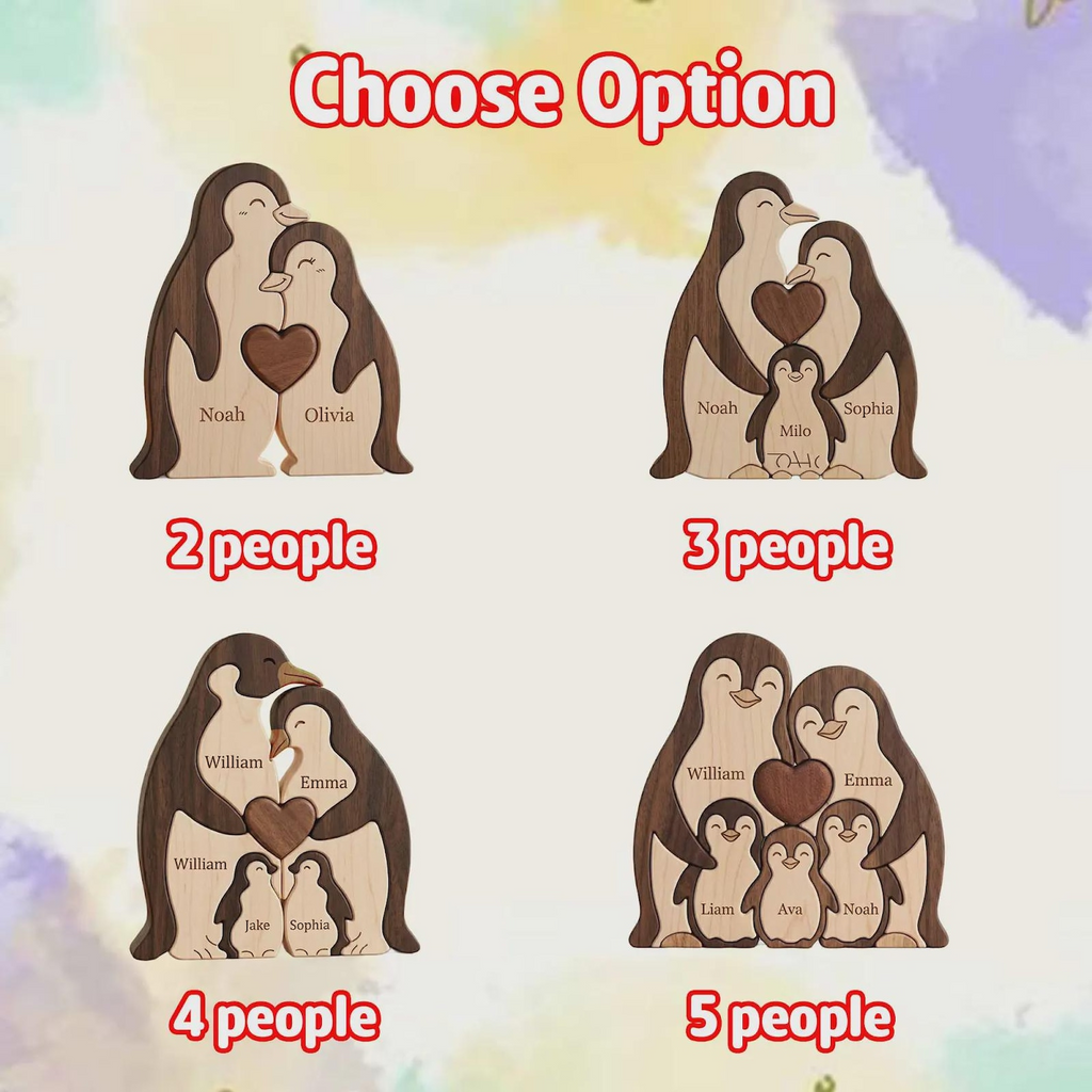 Personalized Wooden Penguin Family Puzzle Custom Name Keepsake