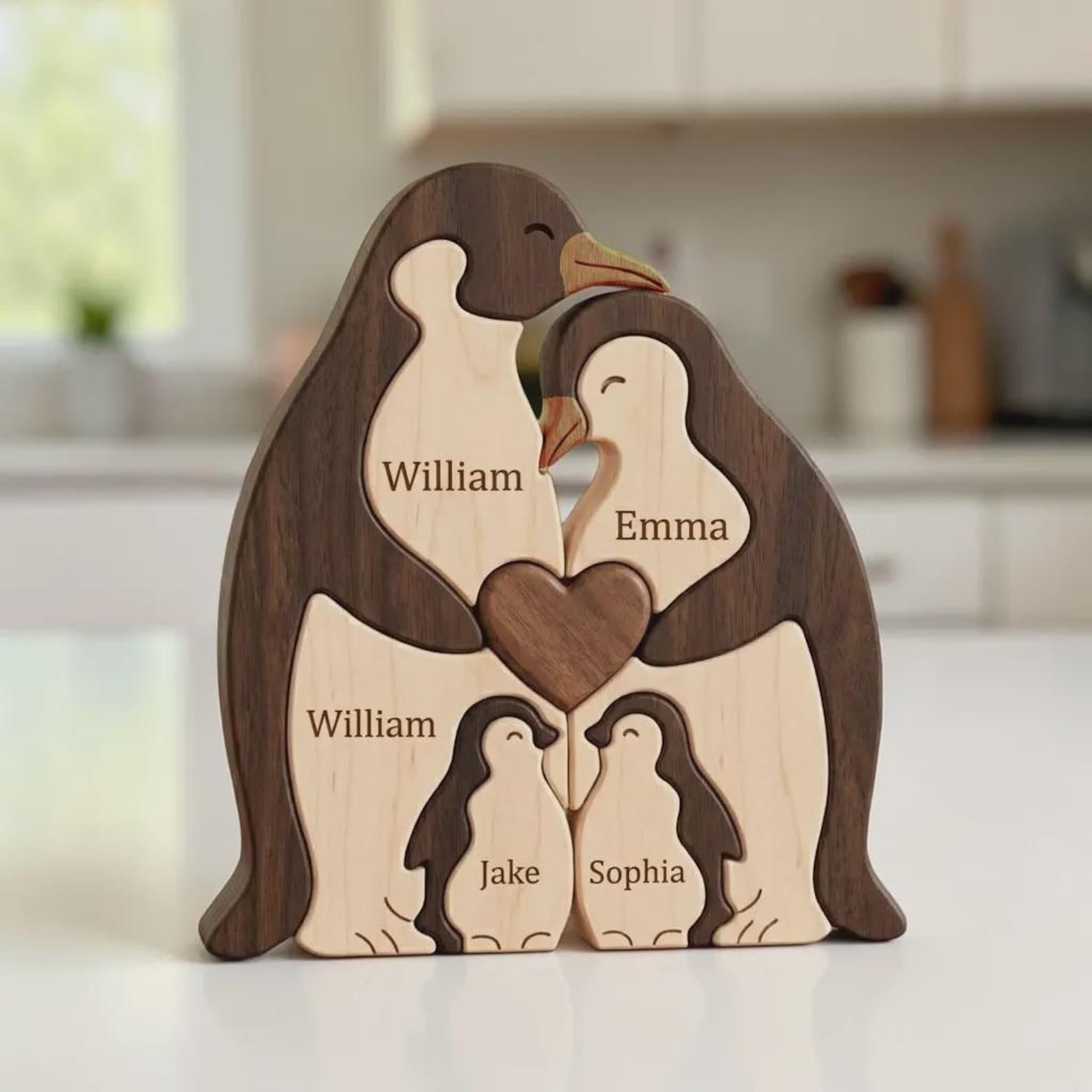 Personalized Wooden Penguin Family Puzzle Custom Name Keepsake
