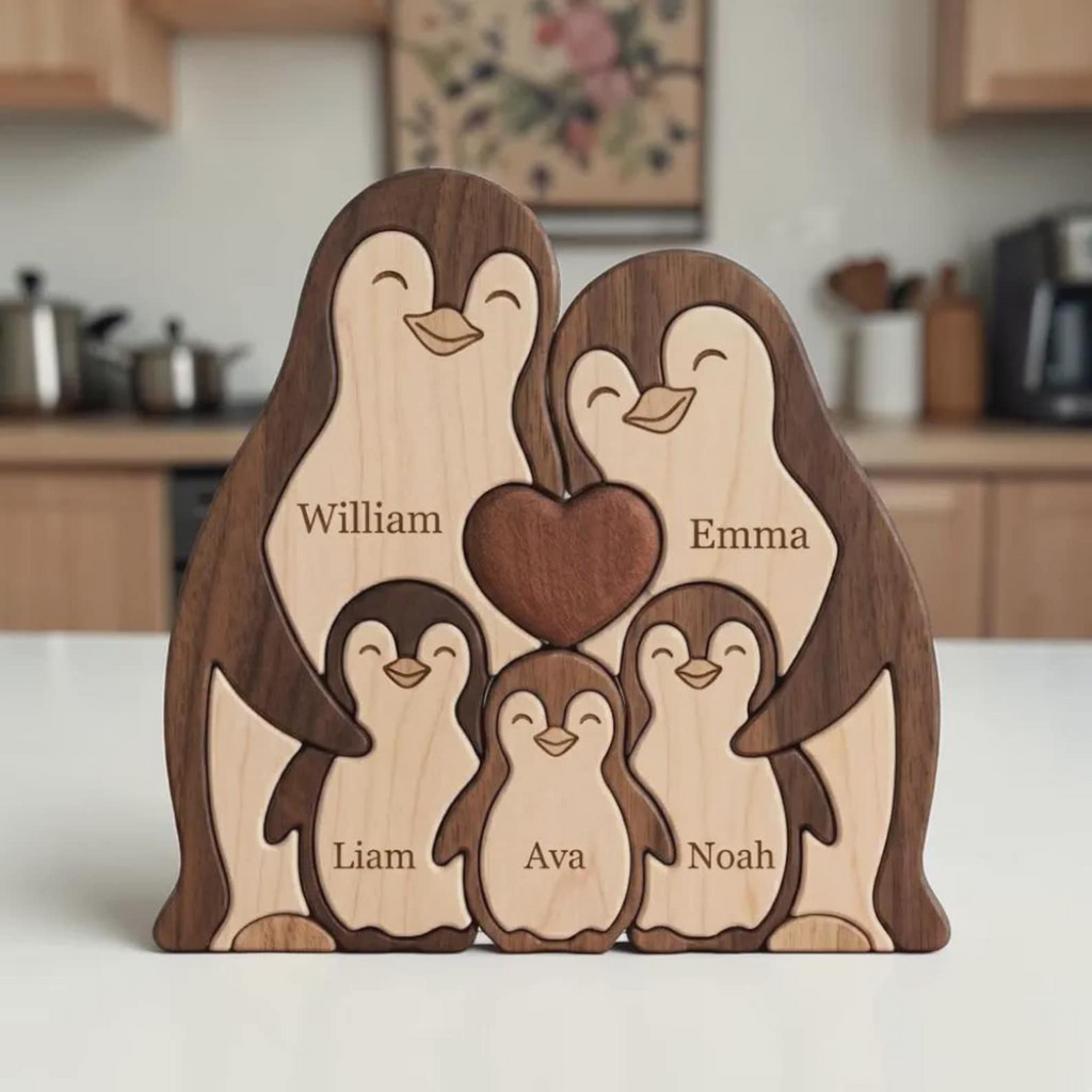 Personalized Wooden Penguin Family Puzzle Custom Name Keepsake