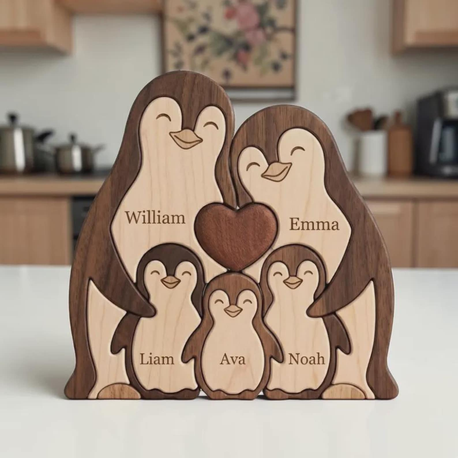 Personalized Wooden Penguin Family Puzzle Custom Name Keepsake