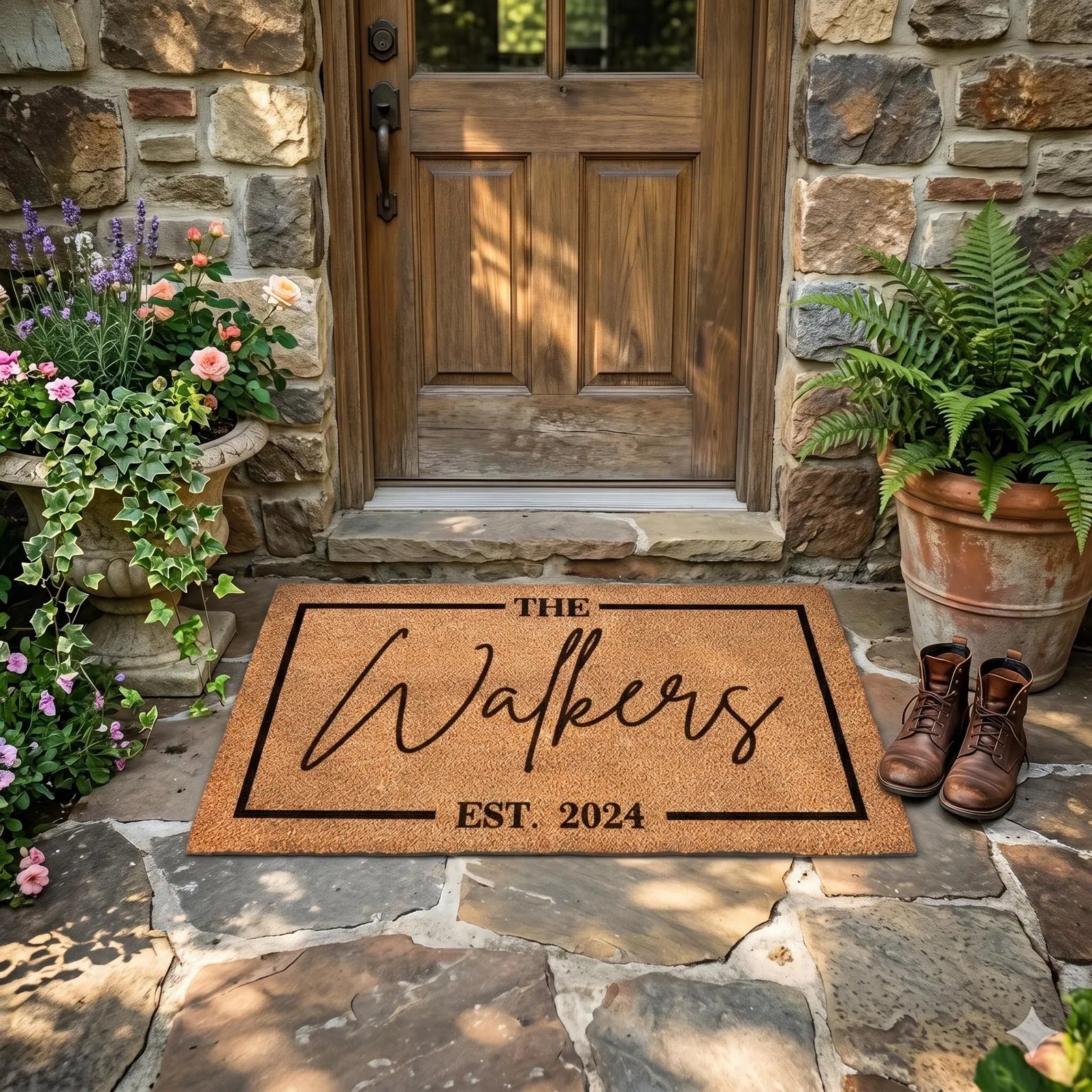 Personalized Family Name Coir Doormat with Established Date