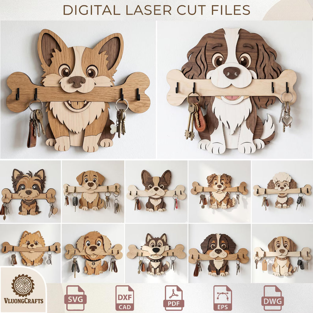 Dog Breed Key Holder Laser Cut Wooden Wall Organizer Bundle