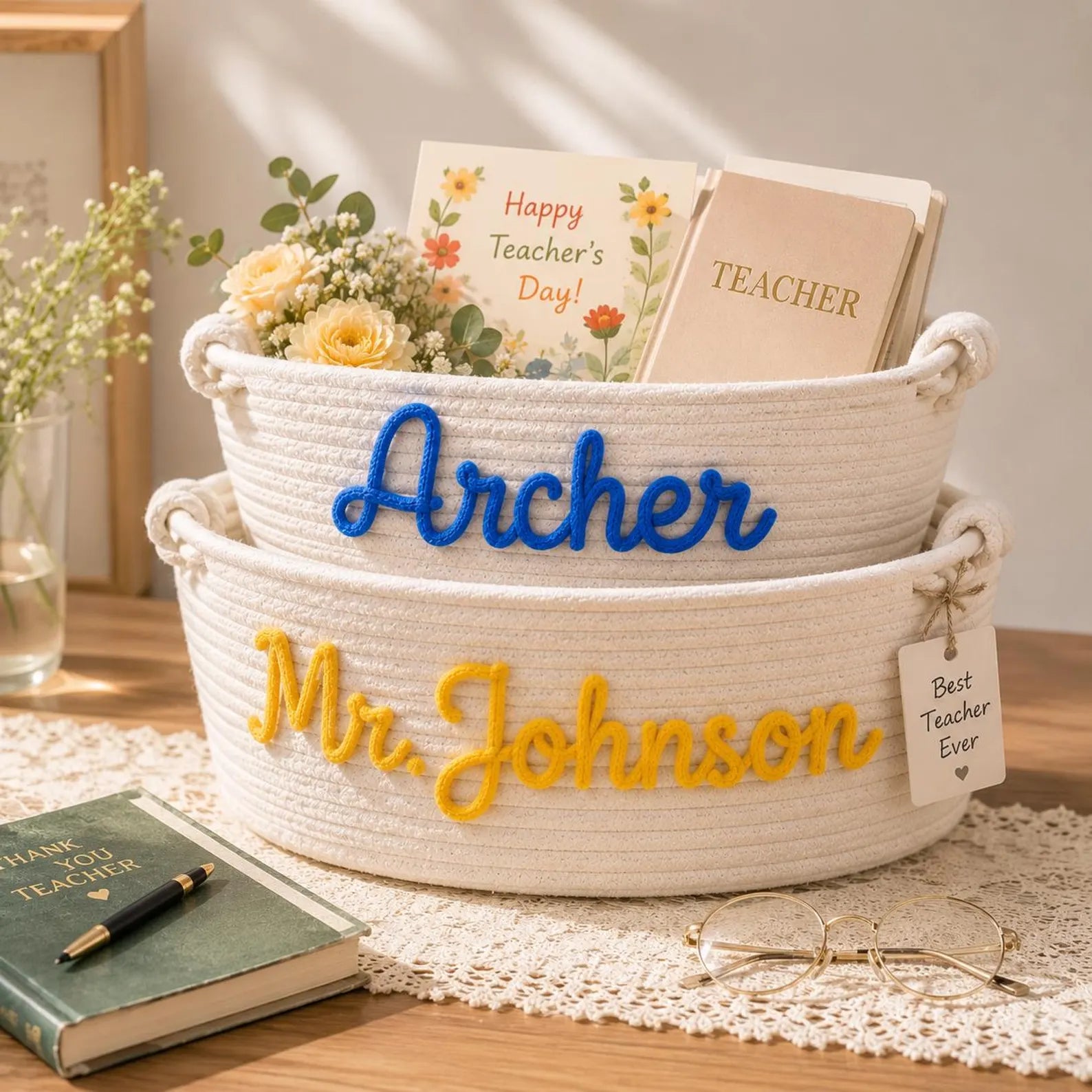 Personalized Teacher Name Cotton Rope Storage Basket