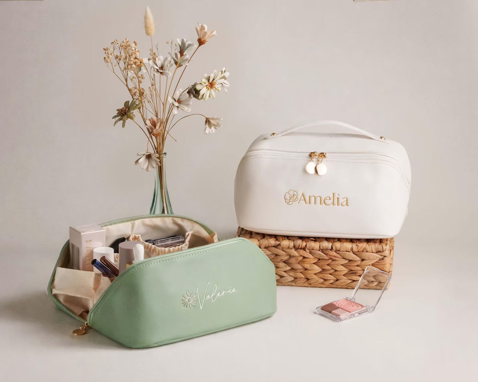 Personalized Embroidered Leather Makeup Bag Toiletry Organizer