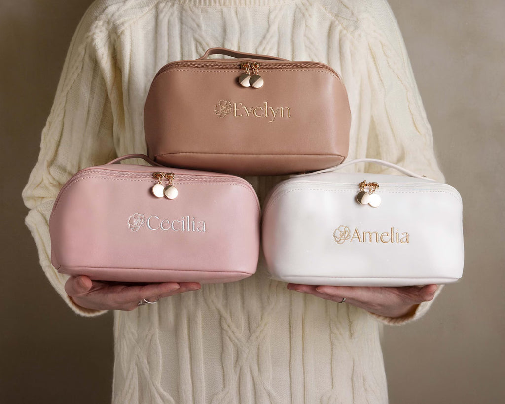 Personalized Embroidered Leather Makeup Bag Toiletry Organizer
