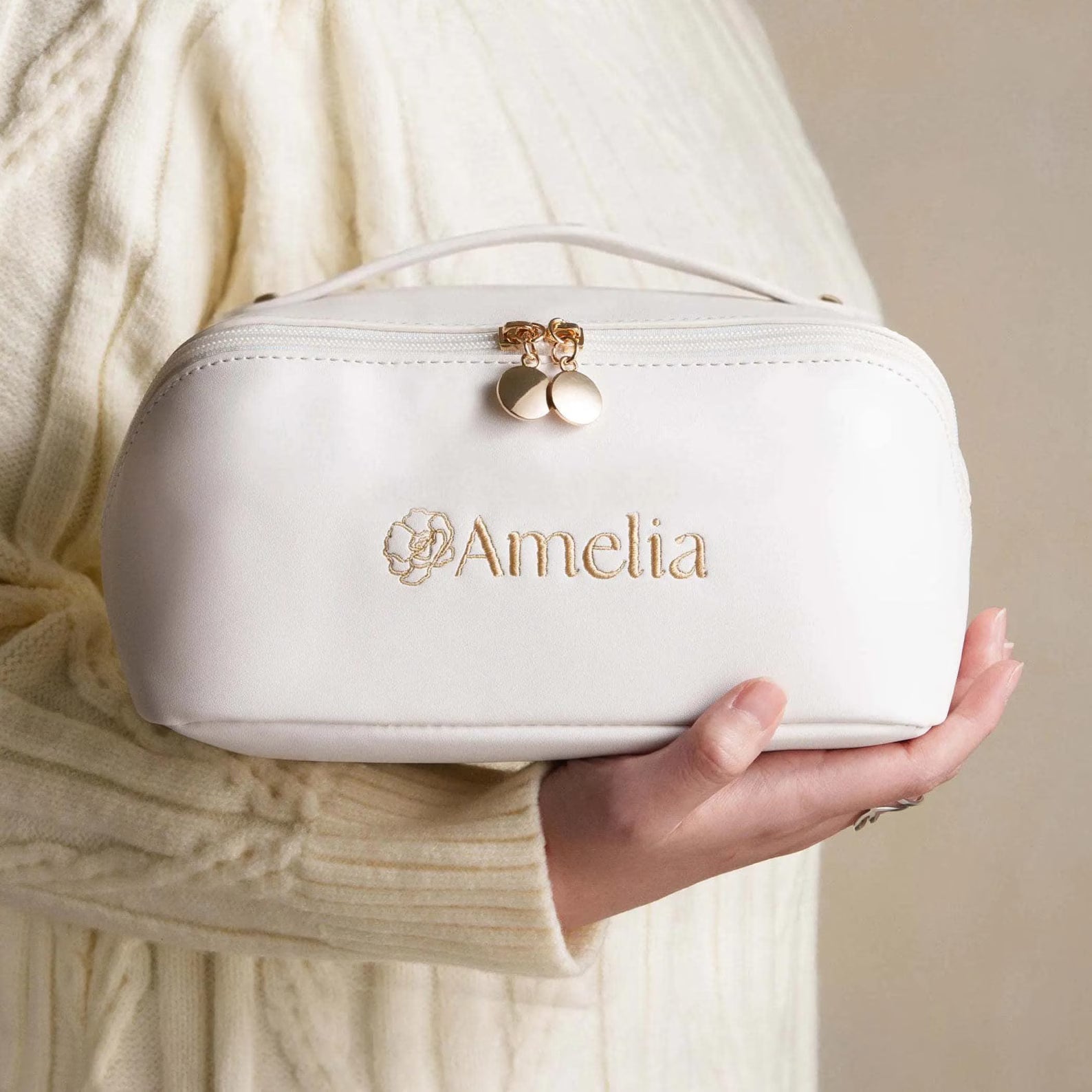 Personalized Embroidered Leather Makeup Bag Toiletry Organizer