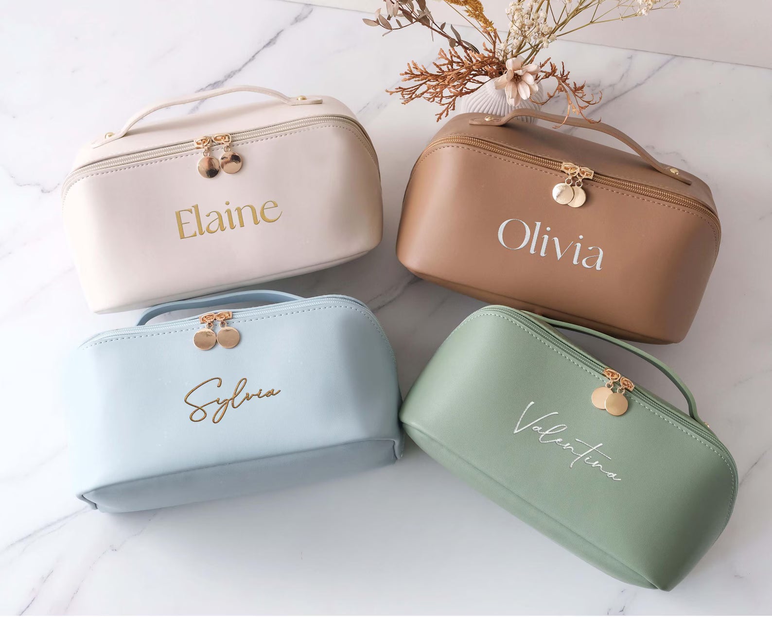 Personalized Embroidered Leather Makeup Bag Toiletry Organizer