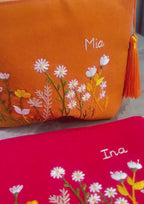 Personalized Hand Embroidered Linen Cosmetic Bag