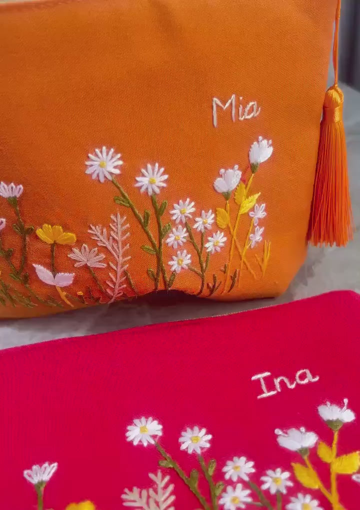 Personalized Hand Embroidered Linen Cosmetic Bag