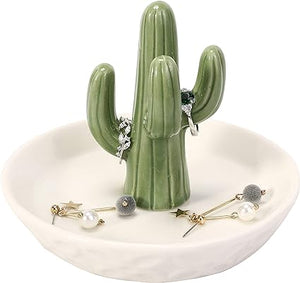 Ceramic Cactus Ring Holder with Derorative White Dish for Jewelry