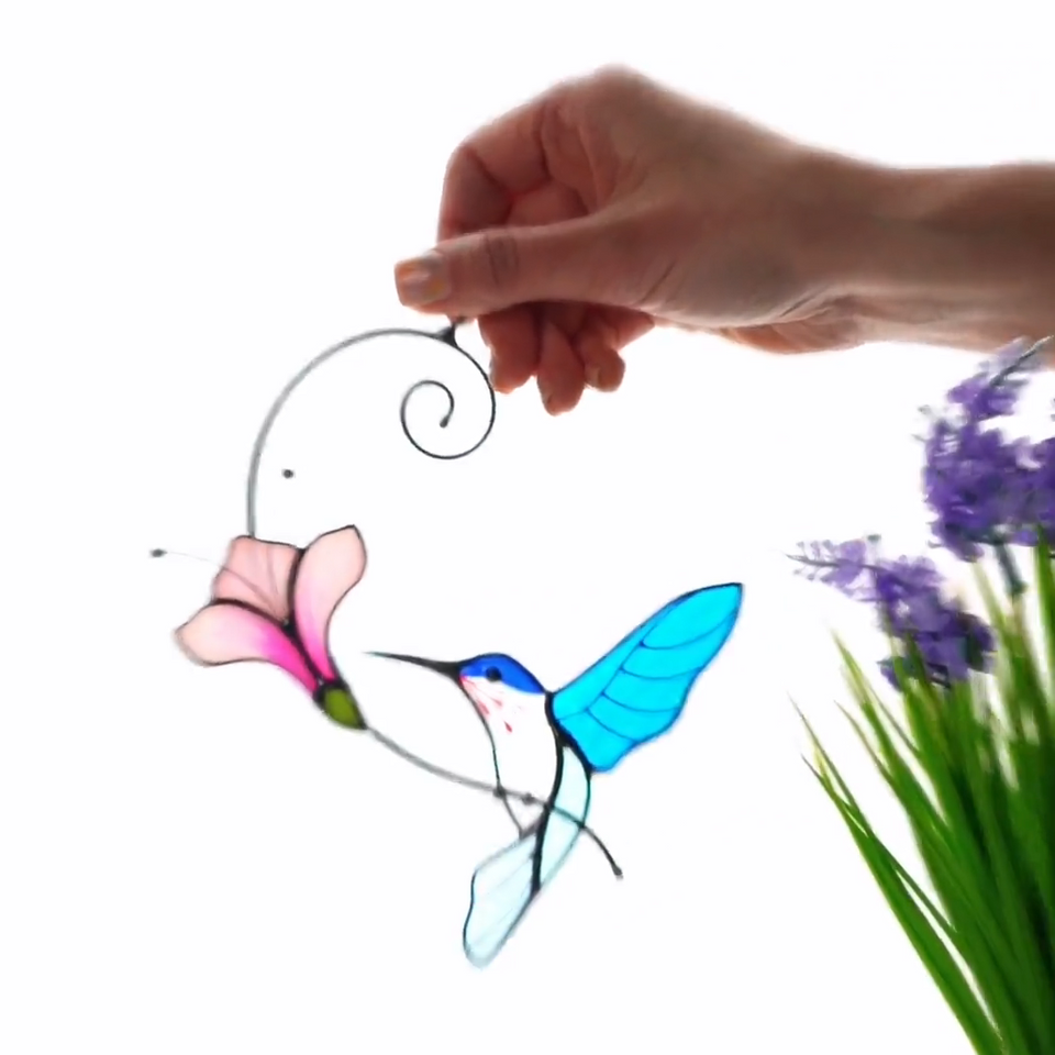 Hummingbird Stained Glass Flower Suncatcher Window Decor